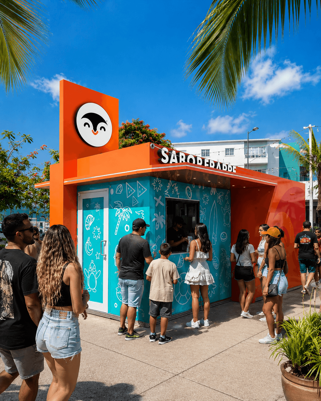 Franquicia Sabor Frappé — fila de clientes en una tienda kiosko